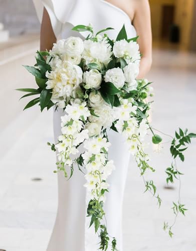 8PCS Artificial Delphinium White Flowers with Clematis Greenery Long Stem Artificial Flowers Cream for Tall Vase for Home Wedding Floral Arrangement Centerpiece Table Decor (Cream White)