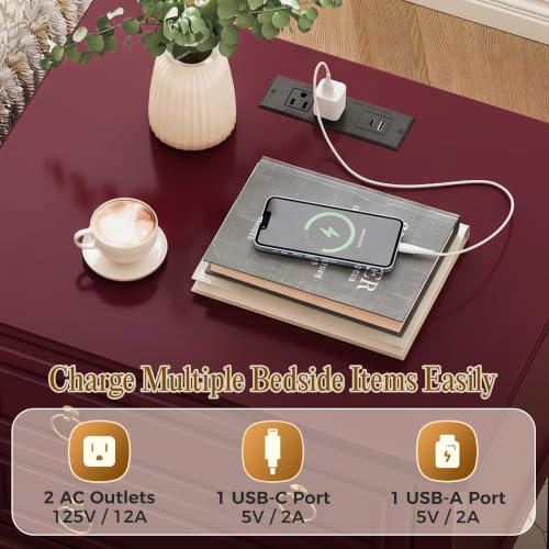 27.6 Inch Tall Nightstand with Charging Station (Burgundy)