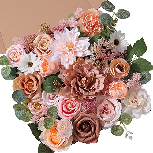 Artificial Flowers Combo Box Set Faux Flowers Bulk Flower Leaf with Stems for DIY Wedding Bouquets Centerpieces Baby Shower Party Home Decorations (Champagne Pink)