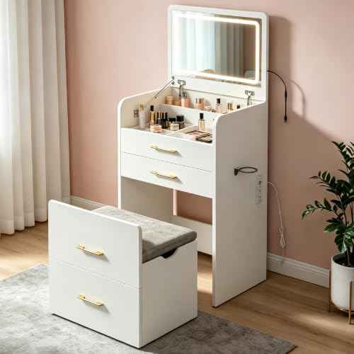 3-in-1 Vanity Desk Set with Stool, Small Flip-Up Makeup Table, White (White / 23.6 Inch)