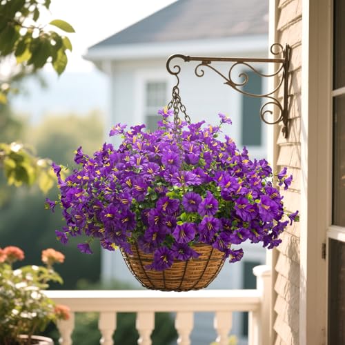 Artificial Faux Flowers for Outdoor 16 Bundles Boxwood Fake Morning Glory for Planter (Purple)