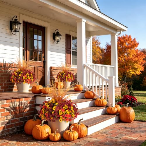 Artificial Fall Mums Flowers Fake Plants for Outdoors Decoration (4 Mixed Colors(4 Yellow,4 Orange,4 Brown,1 Fern))