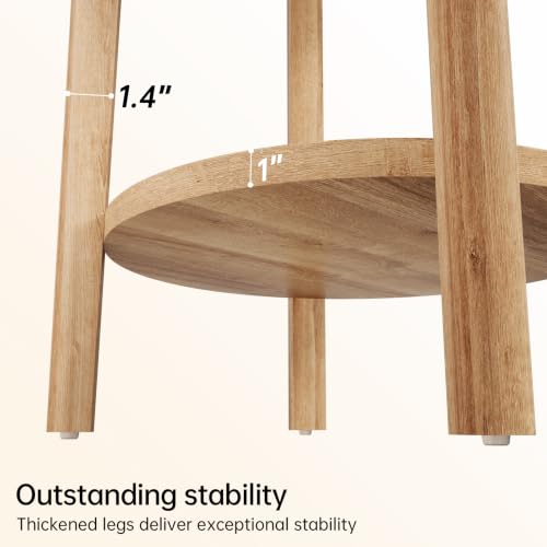 Rattan Round Side Table End Table Set of 2 with Storage Shelf (Natural Oak, Round)