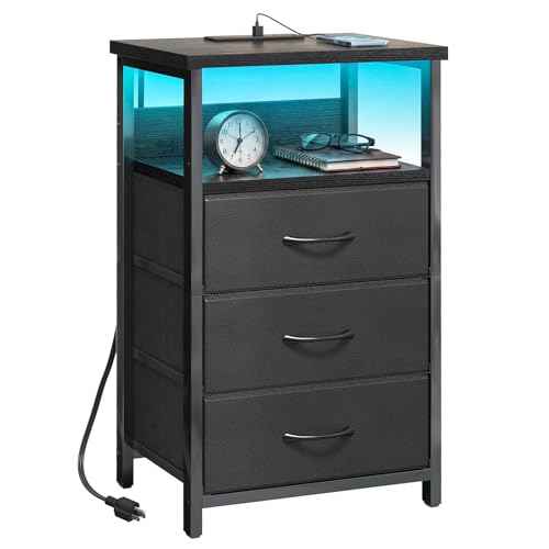 Night Stand with 3 Drawers (15.7"D x 11.8"W x 26.9"H (3 drawers) / Power+Light (1pc) / Black)