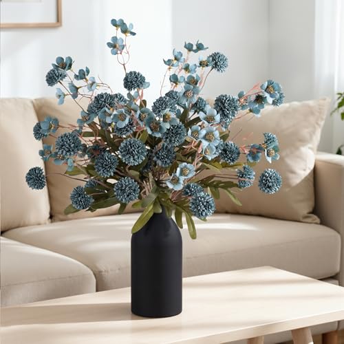 8 Pcs Fake Mums Kiku Flowers Artificial with Wild Flowers Bulk (8pcs-blue Wax&kiku)