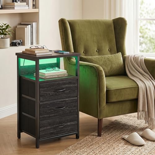 Night Stand with 3 Fabric Drawers (15.7"D x 11.8"W x 26.9"H (3 drawers) / Power+Light (1pc) / Black Oak)