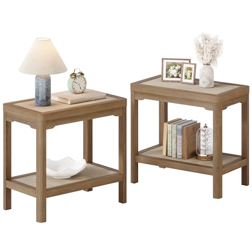 Rattan Side Table End Table Set of 2 with Round Edge Design (Caramel Oak, Round Edges)