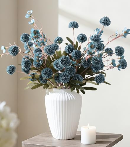 8 Pcs Fake Mums Kiku Flowers Artificial with Wild Flowers Bulk (8pcs-blue Wax&kiku)