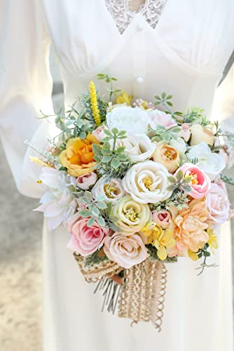 Artificial Wedding Flowers Bouquets Centerpieces Faux Flowers Combo for Fake Flowers with Leaves DIY Floral Arrangements Bridal Baby Shower Home Decor (White Yellow)