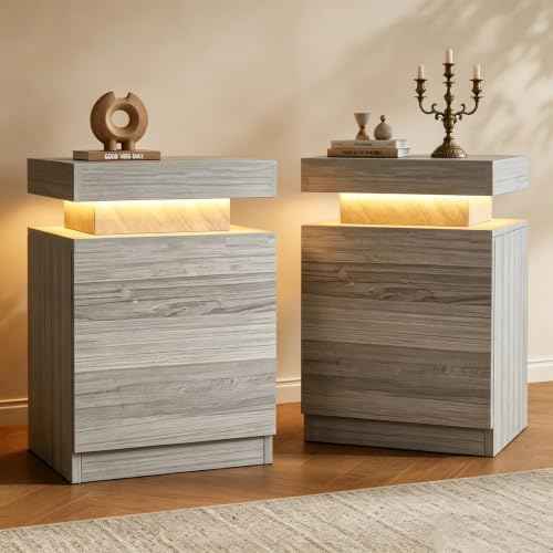 Nightstand Set of 2 with RGB LED Lights (Grey / 17.7 inch-2P)