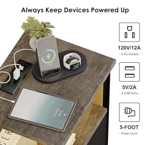 Night Stand with Charging Station (15.7"D x 11.8"W x 23.6"H (2 drawers) / Power+Light (1pc) / French Oak)