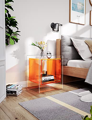 Acrylic Nightstand Colorful Bedside Table with Open Storage Shelf (Orange)