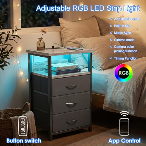Night Stand with 3 Fabric Drawers (15.7"D x 11.8"W x 26.9"H (3 drawers) / Power+Light (1pc) / French Oak)