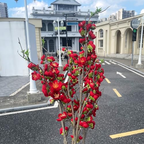 Artificial Cherry Blossom Branches Fake Plum Blossom 35.4''Fake Flowers Cherry Blossoms Faux Flowers Long Stem Artificial Flowers for Tall Vase for Indoor Home Decoration (Red)