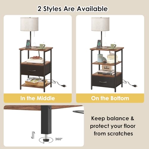 Nightstand with Lights Bedside Table with 3 Color Temperatures Bulb (15.7"D x 11.8"W x 23.5"H (1 drawer) / Power+Lamp (1pc) / Rustic Brown & Black)