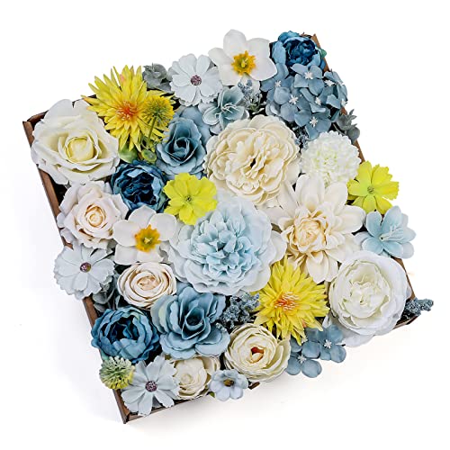 Artificial Flowers Combo Peony 35pcs Silk Roses Mix Fake Flowers for DIY Wedding Bouquets Combo Gradual Change Centerpieces Arrangements Party Bridal Baby Shower Home Decorations (Blue Yellow)
