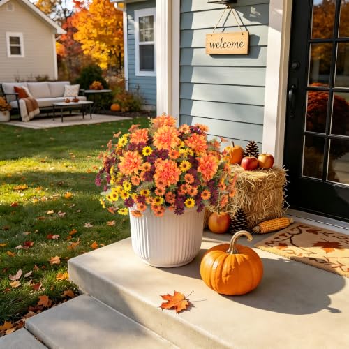 Artificial Fall Flowers Fake Mums Plants for Outdoors Decoration (4 Mixed Colors(4 Yellow, 4 Orange, 4 Fuchsia,1 Dahlia ))