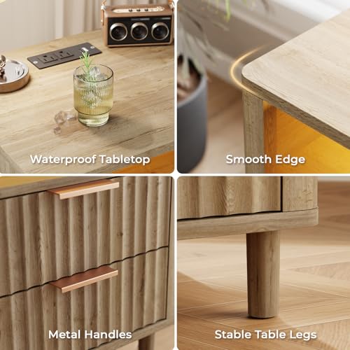Fluted Nightstand Set of 2 with Charging Station (Oak / 2 Drawers)