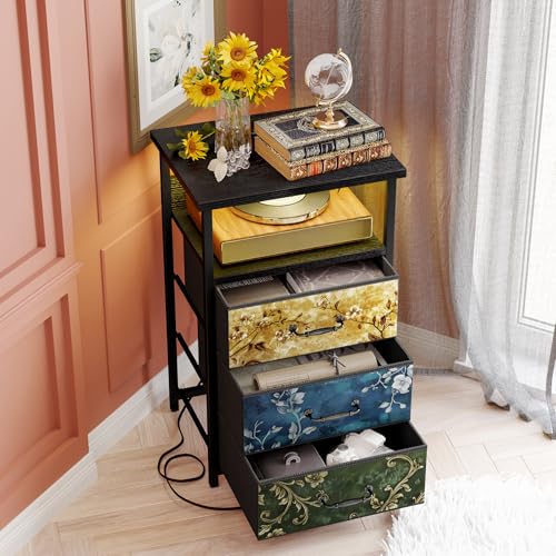 Night Stand with 3 Fabric Drawers (15.7"D x 11.8"W x 26.9"H (3 drawers) / Power+Light (1pc) / Vintage Flower)