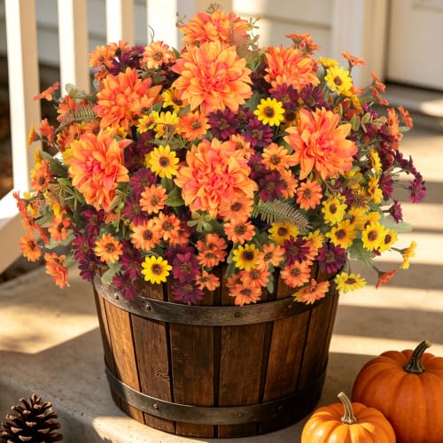 Artificial Fall Flowers Fake Mums Plants for Outdoors Decoration (4 Mixed Colors(4 Yellow, 4 Orange, 4 Fuchsia,1 Dahlia ))