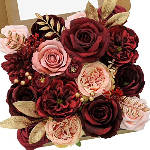 2PCS Artificial Flowers Burgundy Pink Fake Flowers for Wedding (Classic Burgundy Pink / 2 Boxes)
