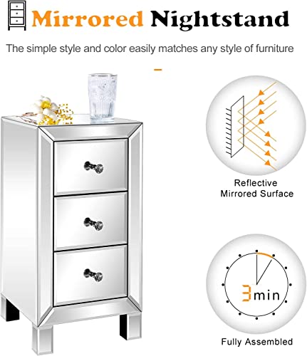 3 Drawer Mirrored Nightstand Set of 2 (2 Packs / Assembly: Knobs Only / Actual Glass Mirror Finish)