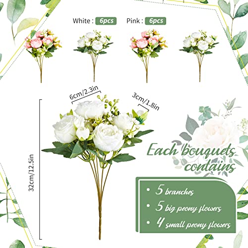 12 Bundles Silk Peonies (White, Pink)