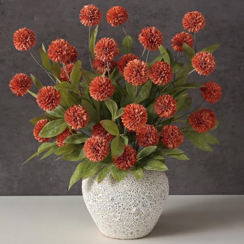 6 Pcs 27" Artificial Fall Pompon Mum Flower Stems for Vase (Orange)