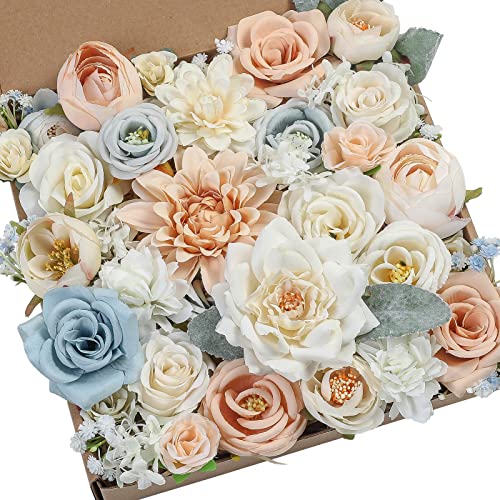 Artificial Flowers Box Set DIY Bouquets Centerpieces Faux Flowers Combo for Wedding Flowers with Leaves and Stems Floral Arrangements Bridal Baby Shower Home Decor (Milk White)