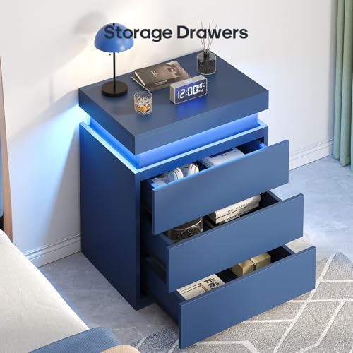 Navy Blue Modern Nightstand with LED Lights (Navy Blue)