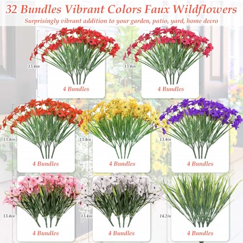 32 Bundles Realistic Artificial Flowers Bulk for Outdoors (Mixed 8 Colors)