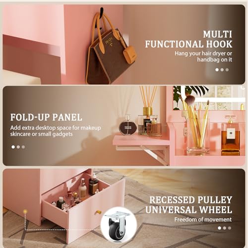 Makeup Vanity Desk with Mirror and Lights (Pink)