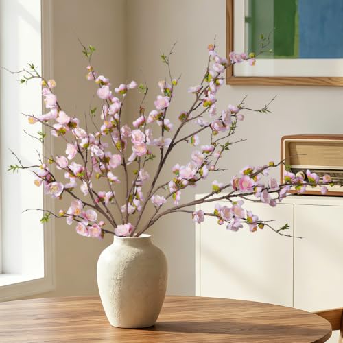 Fake Cherry Blossom Branches Artificial Plum Blossom Faux Flowers 4PCS Fake Flowers 35.4'' Long Stem Artificial Flowers for Tall Vase Silk Flowers for Indoor Home Decor No Vase (Light Pink)