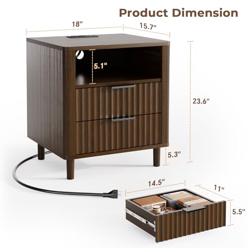 Fluted Nightstand Set of 2 with Charging Station (Walnut / 2 Drawers)