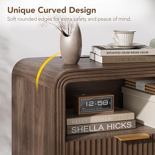 23'' Wide Fluted Nightstand Set of 2 with Charging Station (Walnut / 1 Drawer & Open Shelf)