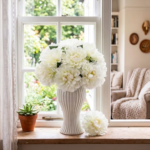 100pcs White Artificial Dahlia Flowers with Stems (Milky White)