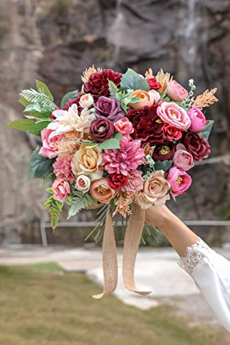 Artificial Flowers Combo Box Set Faux Flowers Bulk Flower Leaf with Stems for DIY Wedding Bouquets Centerpieces Baby Shower Party Home Decorations (Burgundy Pink)