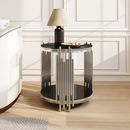 19.7''D Round Glass Side End Table with 2 Tiers (Silver & Black)