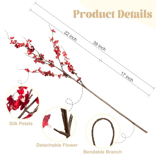 4Pcs Cherry Blossom Branches Artificial Flowers for Spring Summer Indoor Decoration (Red)