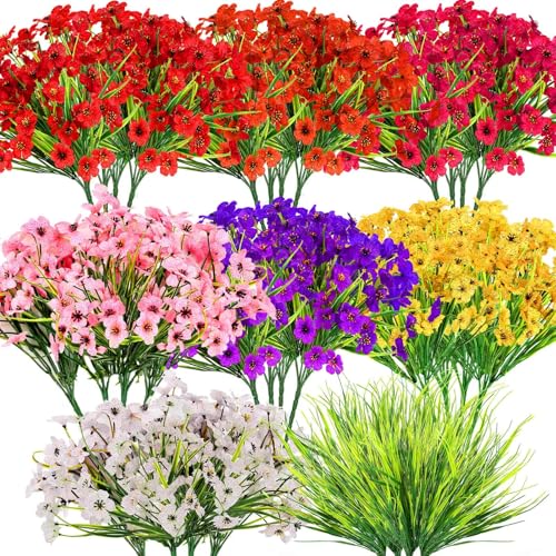 32 Bundles Realistic Artificial Flowers Bulk for Outdoors (Mixed 8 Colors)
