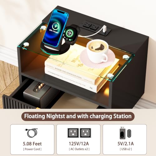 Modern Floating Nightstand Set of 2 with Charging Station & Light (Black)