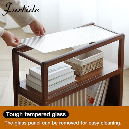 Rattan Nightstand Side Table with Storage (Walnut)