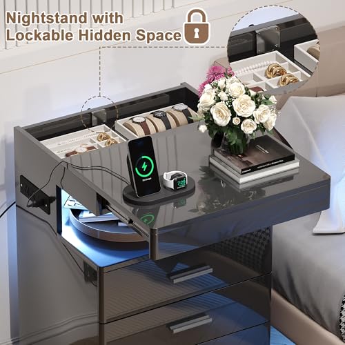 Led Nightstand with Hidden Space & Charging Station (Black)