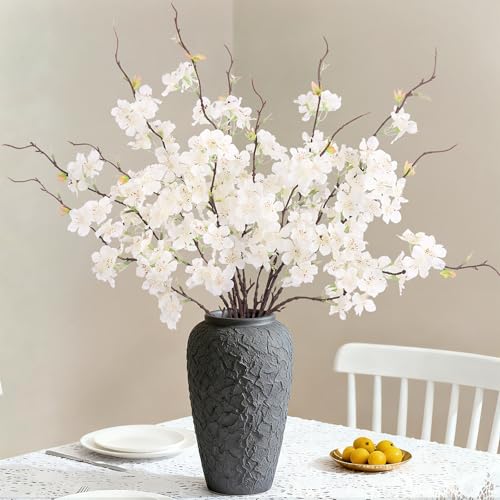 Artificial Cherry Blossom Branches Decor 12 PCS Fake Flowers Indoor (12pcs-22.83 Inch White)