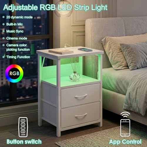 Night Stand with Charging Station (15.7"D x 11.8"W x 23.6"H (2 drawers) / Power+Light (1pc) / White)