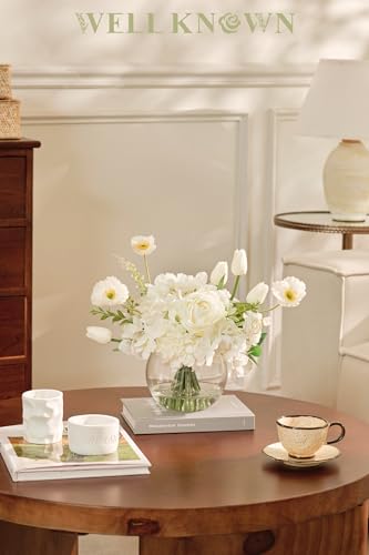 Artificial Flowers for Table Decoration Silk Hydrangea Flowers with Vase Fake Flower Arrangements in Round Bowl Vase with Faux Water for Summer Spring (Mix Hydrangea-white)