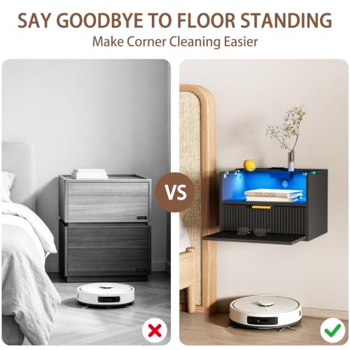 Modern Floating Nightstand Set of 2 with Charging Station & Light (Black)