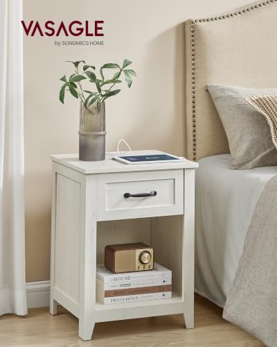 Farmhouse Wood Nightstands with Charging Station (Rustic White / 1 PACK)