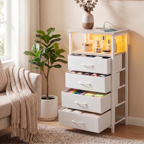 Night Stand with Charging Station (15.7"D x 11.8"W x 33.1"H (4 drawers) / Power+Light (1pc) / White)