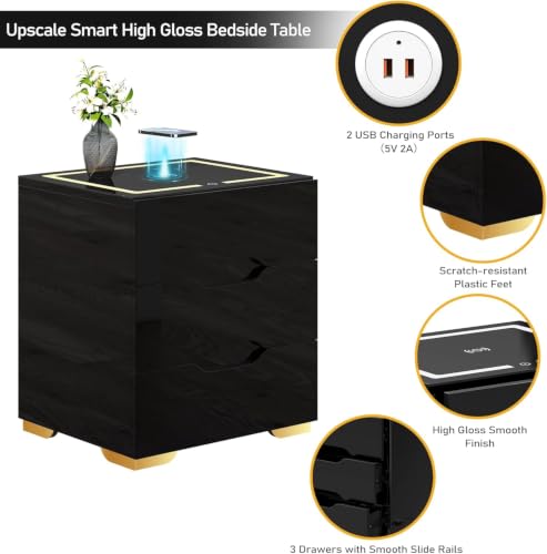 3 Drawer Nightstand with Charging Station (Black)